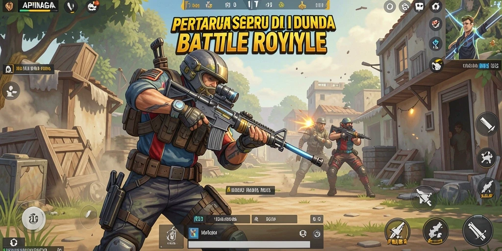 Screenshot gameplay APINAGA menampilkan aksi seru di medan perang Battle Royale.