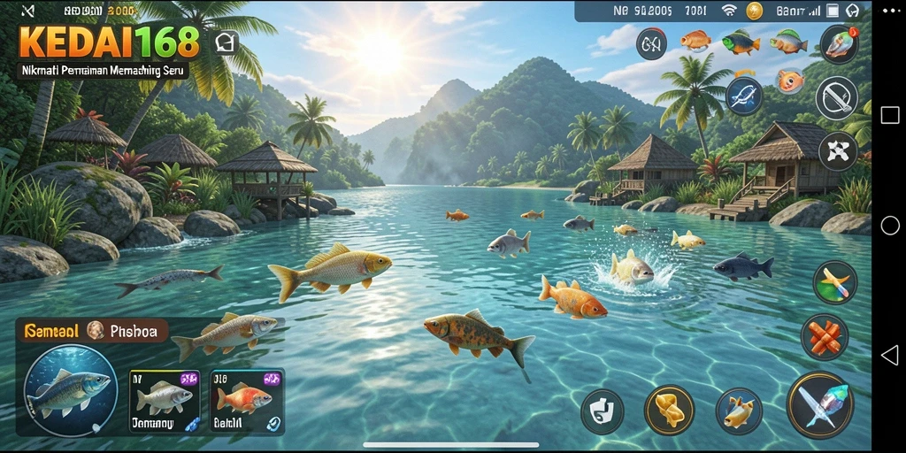 Screenshot permainan KEDAI168 menampilkan momen memancing yang mendebarkan.