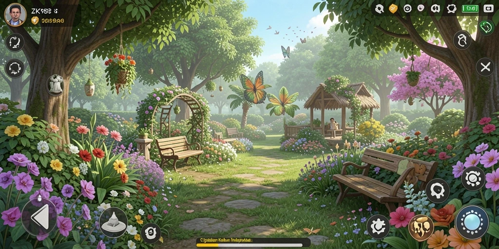 Screenshot gameplay ZK988 menampilkan ladang hijau yang subur dan hewan ternak aktif.